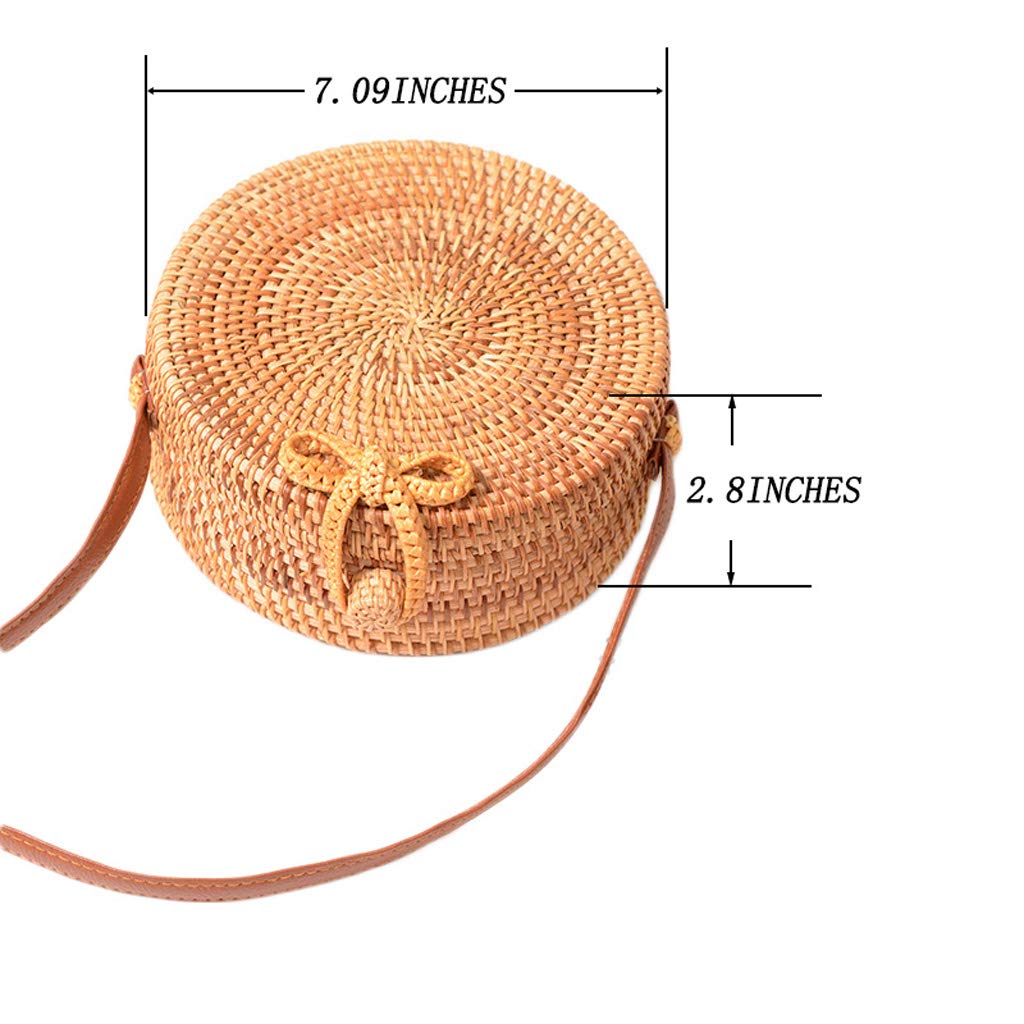 Handmade Rattan Woven Bag Round Retro Crossbody Bags Classic Shoulder Bag Ladies and Girls Party Handbags Wallets (Bow Button) 7.09x7.09x2.76IN