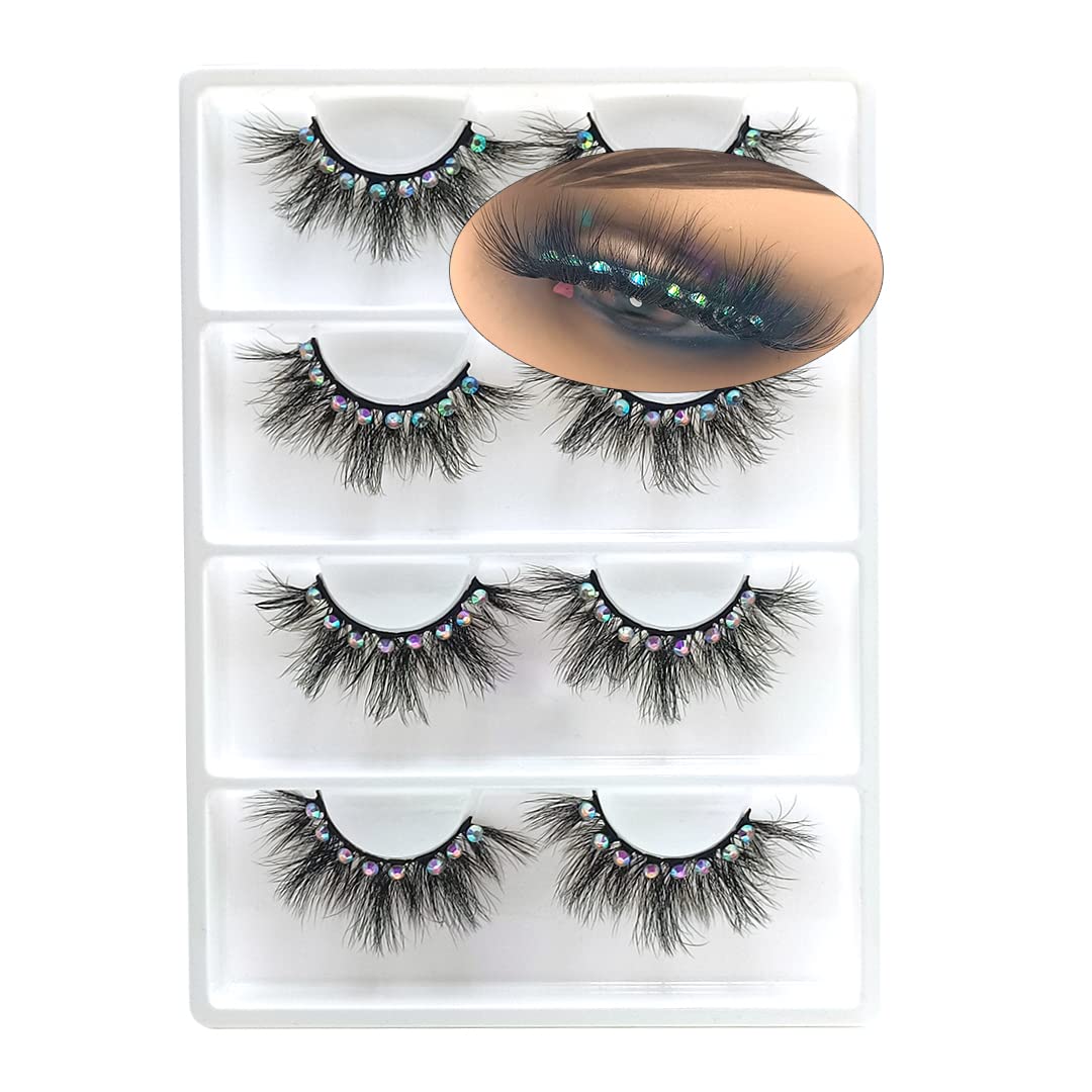False Eyelashes with Glitter Rhinestones On, Bling Lashes 2023 Sparkle Full Strip Mink Eyelash 4 Pairs… (AF08bling)