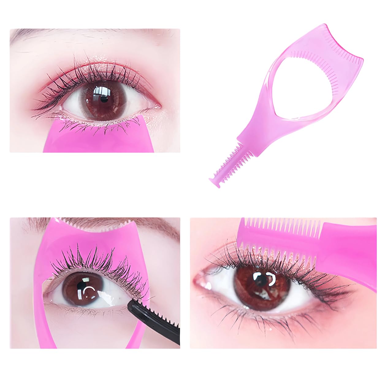 2 Pcs 3 in 1 Eyelash Tool Mascara Applicator Comb Guide and Brush Curler Plastic Eye Makeup Tool Set (Pink + Blue)