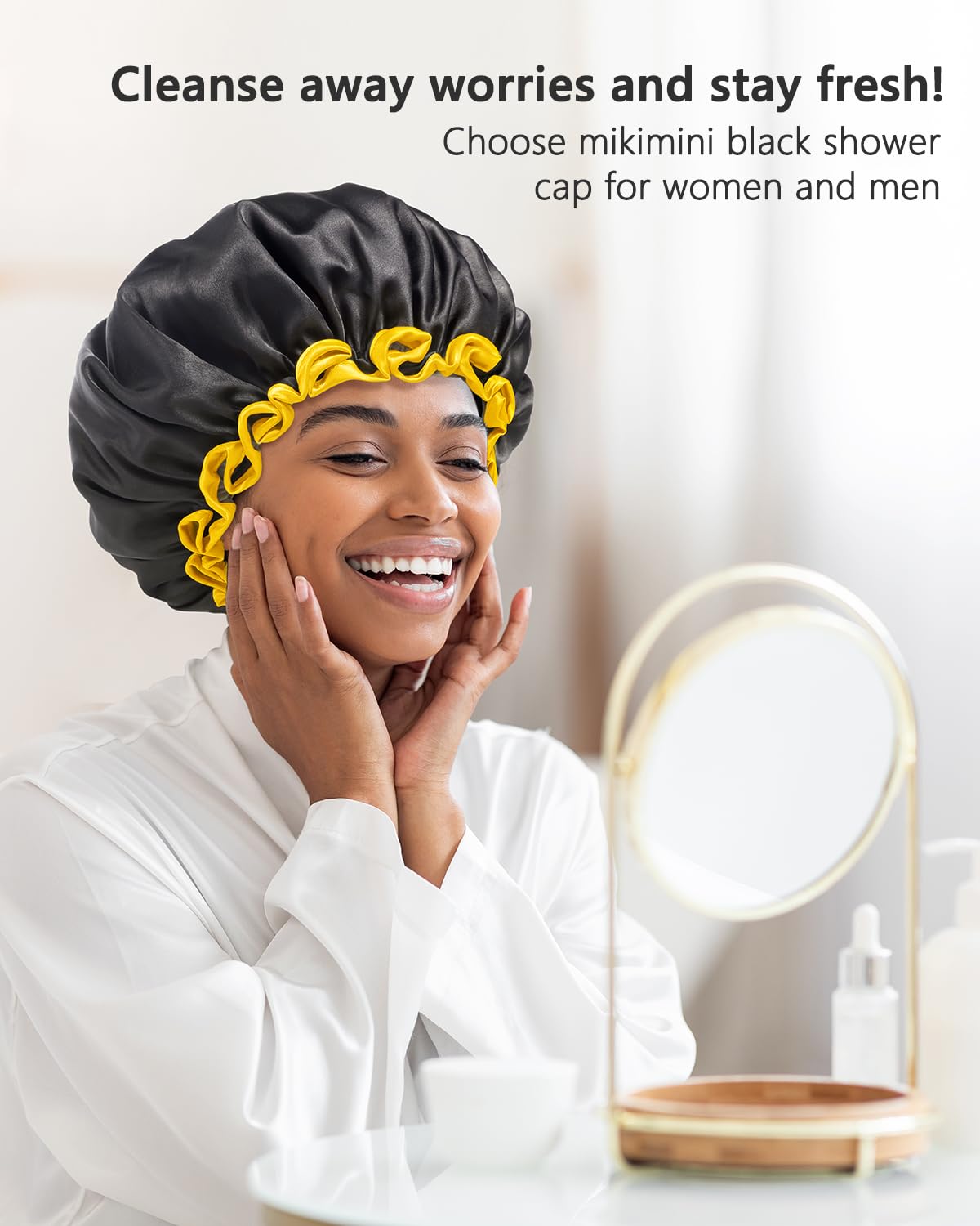 mikimini Black Shower Caps for Women Men & Girls 2 Packs, Reusable, Double Layers Waterproof Bathing Shower Hat with Soft Comfortable PEVA Lining