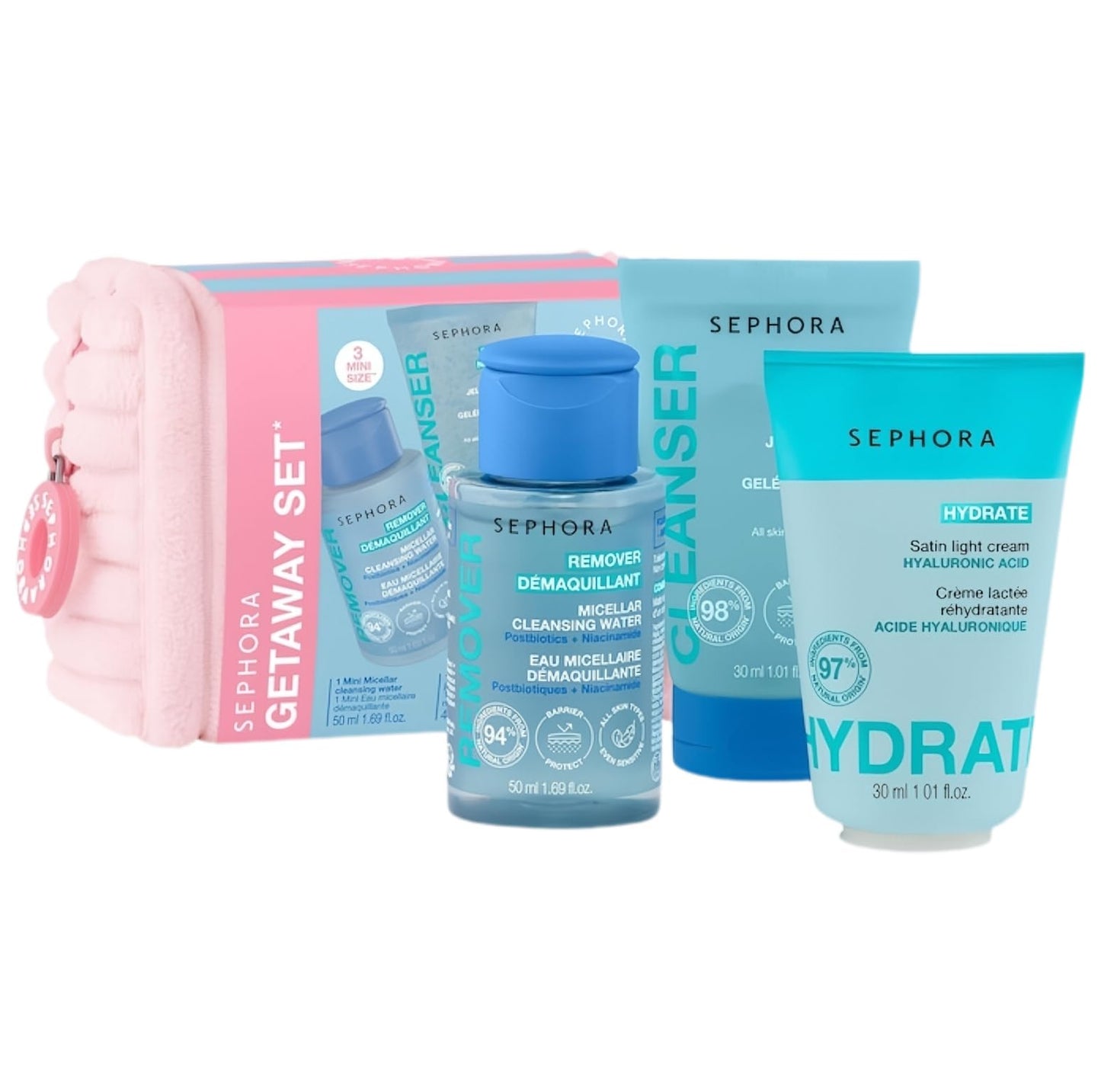 Sephora Collection Getaway Mini Essentials Set with Pouch - Satin Cream, Micellar Water & Jelly Cleanser - Travel Size Skincare