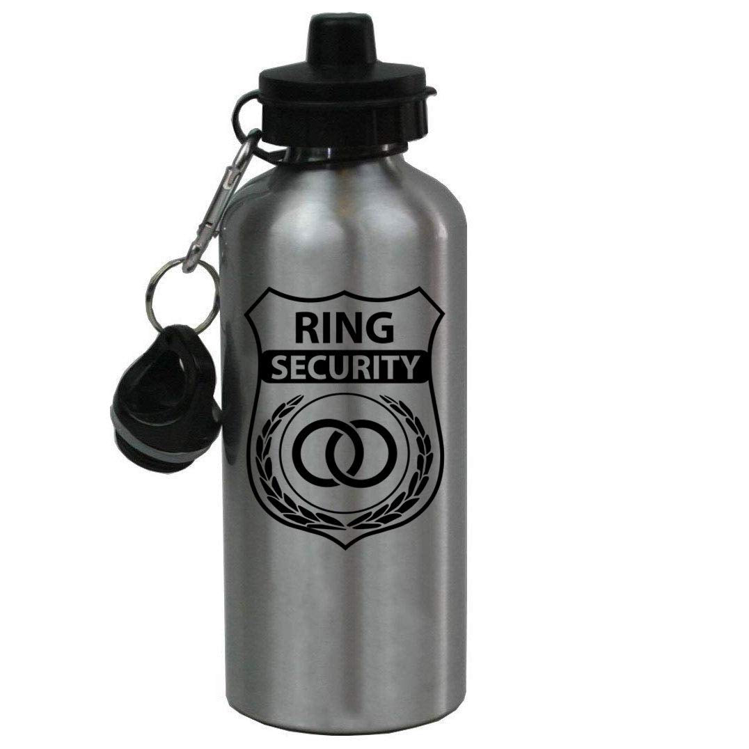 CustomGiftsNow Ring Security - Wedding Ring Bearer 20-Ounce 600ML Silver Aluminum Sport Water Bottle, 2 Lids (Black)