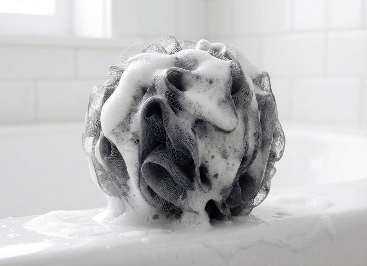 SPHTOEO Bath Shower Sponge Loofah - Extra Rich Lather Body Sponge for Shower, Soft & Comfortable Bath Pouf for Gentle Daily Cleansing?Gray (White