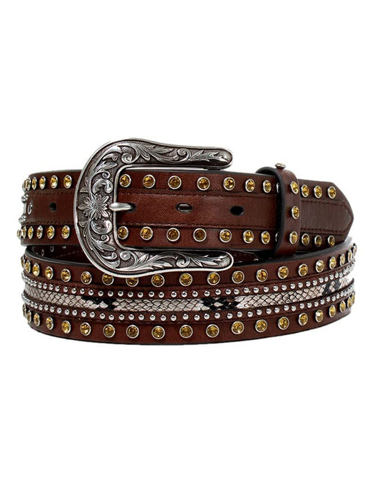 ARIAT Women's Western Snake Skin Print Studs Belt, Brown, Small