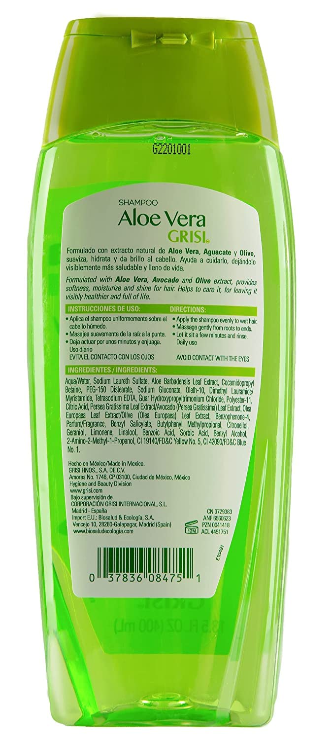 Grisi Aloe Vera Shampoo, Moisturizing Shampoo with Aloe Vera Extract, Paraben-Free, Hair Product for Soft and Shiny Hair, 2-Pack of 13.5 FL Oz each, 2