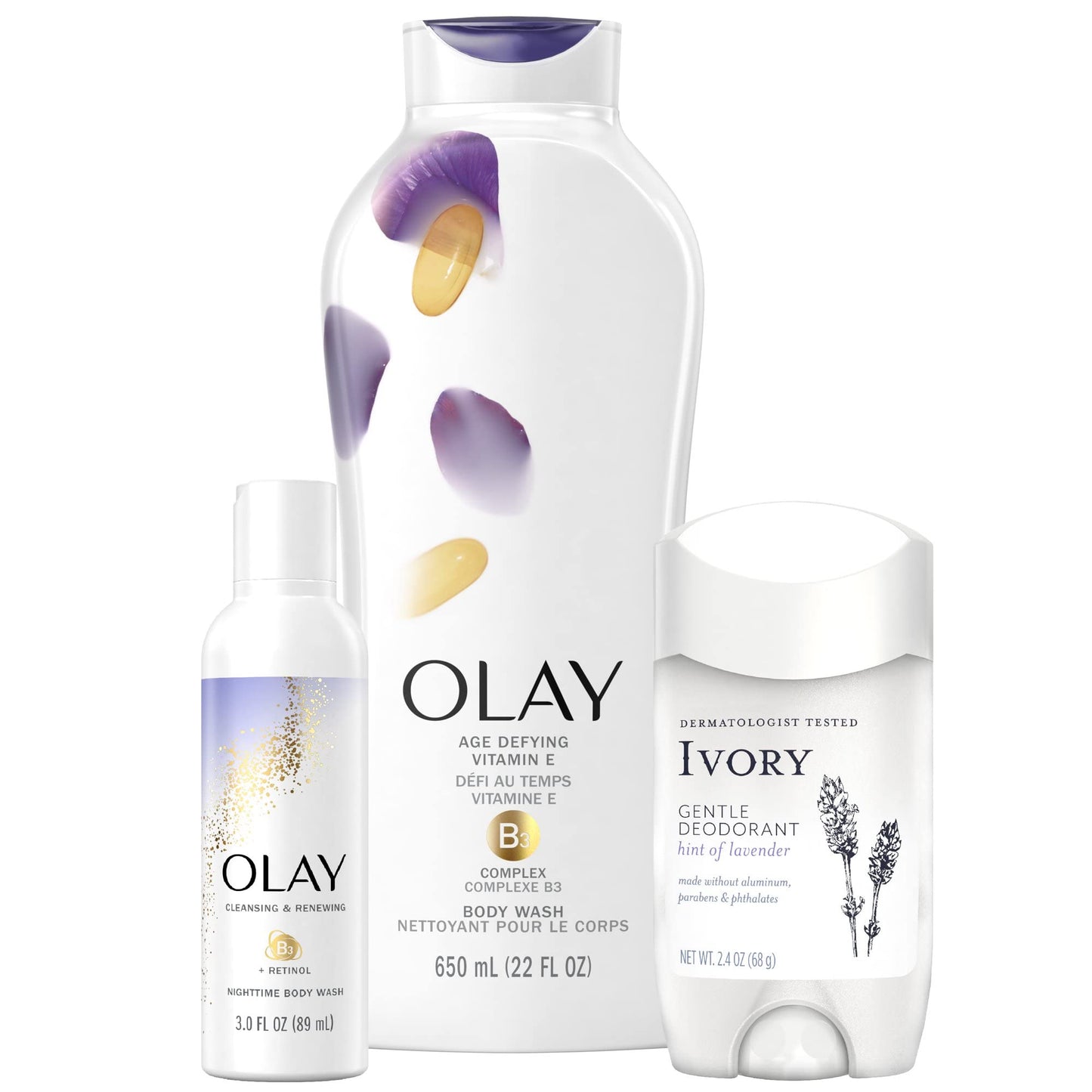 Holiday Gift Pack: Olay Age Defying Body Wash with Vitamin E, 22 fl oz, Olay Cleansing & Renewing Nighttime Body Wash, 3 oz & Ivory Gentle Aluminum