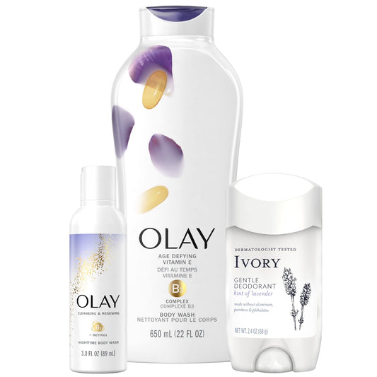 Holiday Gift Pack: Olay Age Defying Body Wash with Vitamin E, 22 fl oz, Olay Cleansing & Renewing Nighttime Body Wash, 3 oz & Ivory Gentle Aluminum