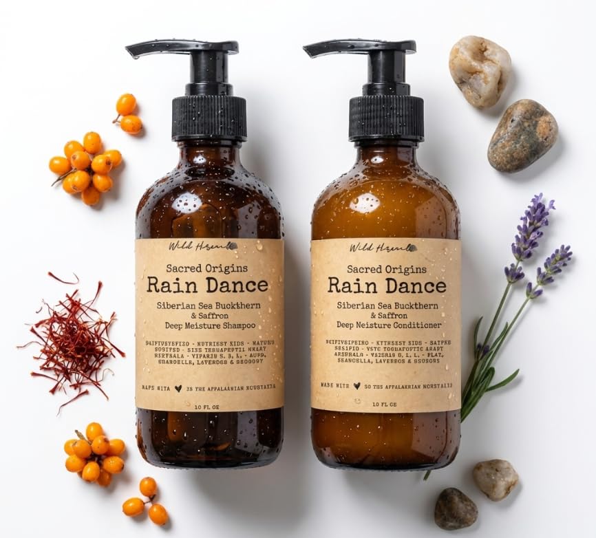 Wild Hermit Wellness' Rain Dance Organic Shampoo and Conditioner Set with Sea Buckthorn & Saffron, Deep Moisture, Sulfate Free, 10 oz, 2 Count