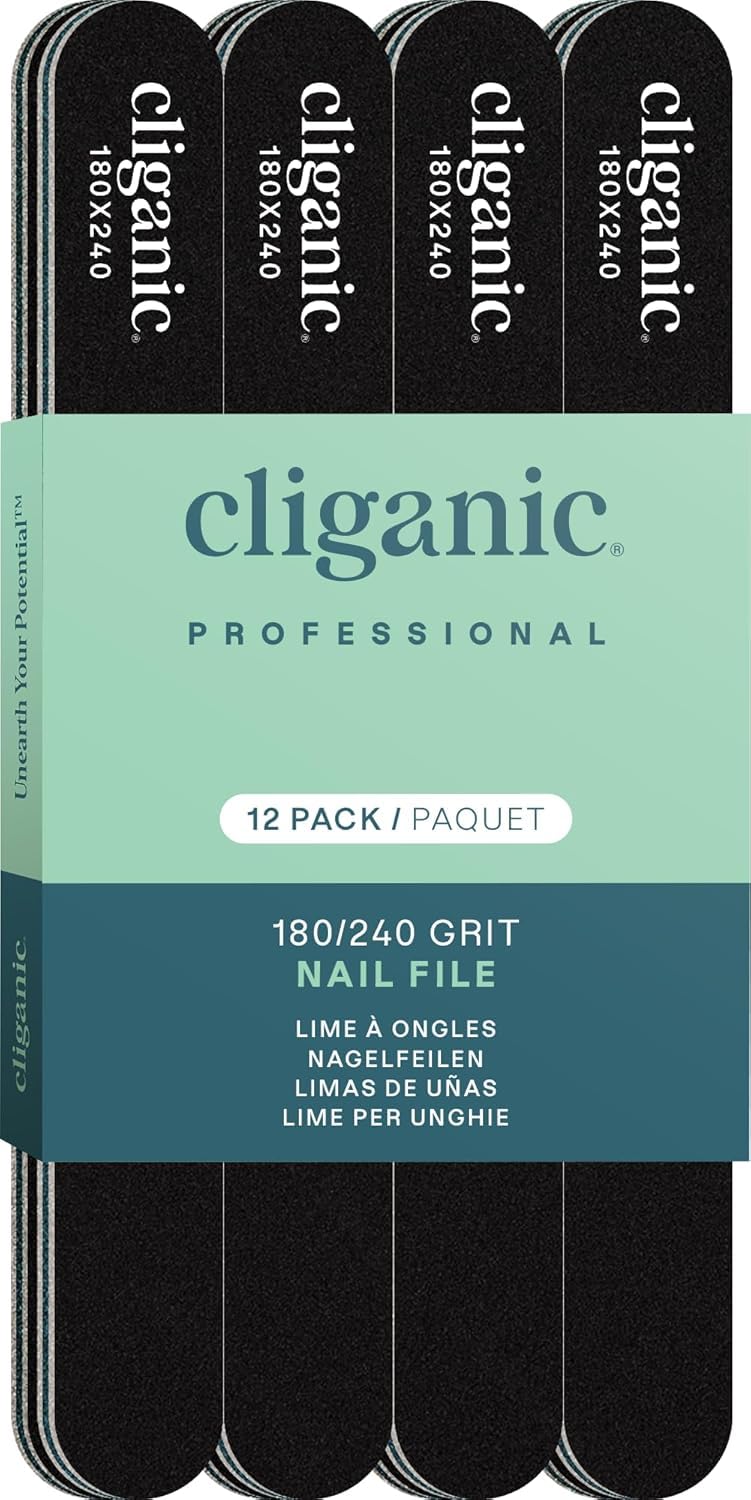 Cliganic 12 Pack Nail File Set: 180/240 Grit | Professional Emery Boards for Natural, Gel & Acrylic Nails | Washable Double Sided Kit | Cliganic 90