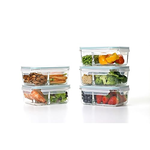 Glasslock Duo 5 Piece Clear Tempered Glass Microwave, Dishwasher, Freezer Safe Divided Food Storage Containers with Snap Close BPA Free Plastic Lids