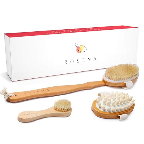 Dry Brushing Body Brush Set - Natural Bristle Spa Exfoliator Kit with Face Cleansing Brush, Long Dry Brushing Body Brush for Lymphatic Drainage