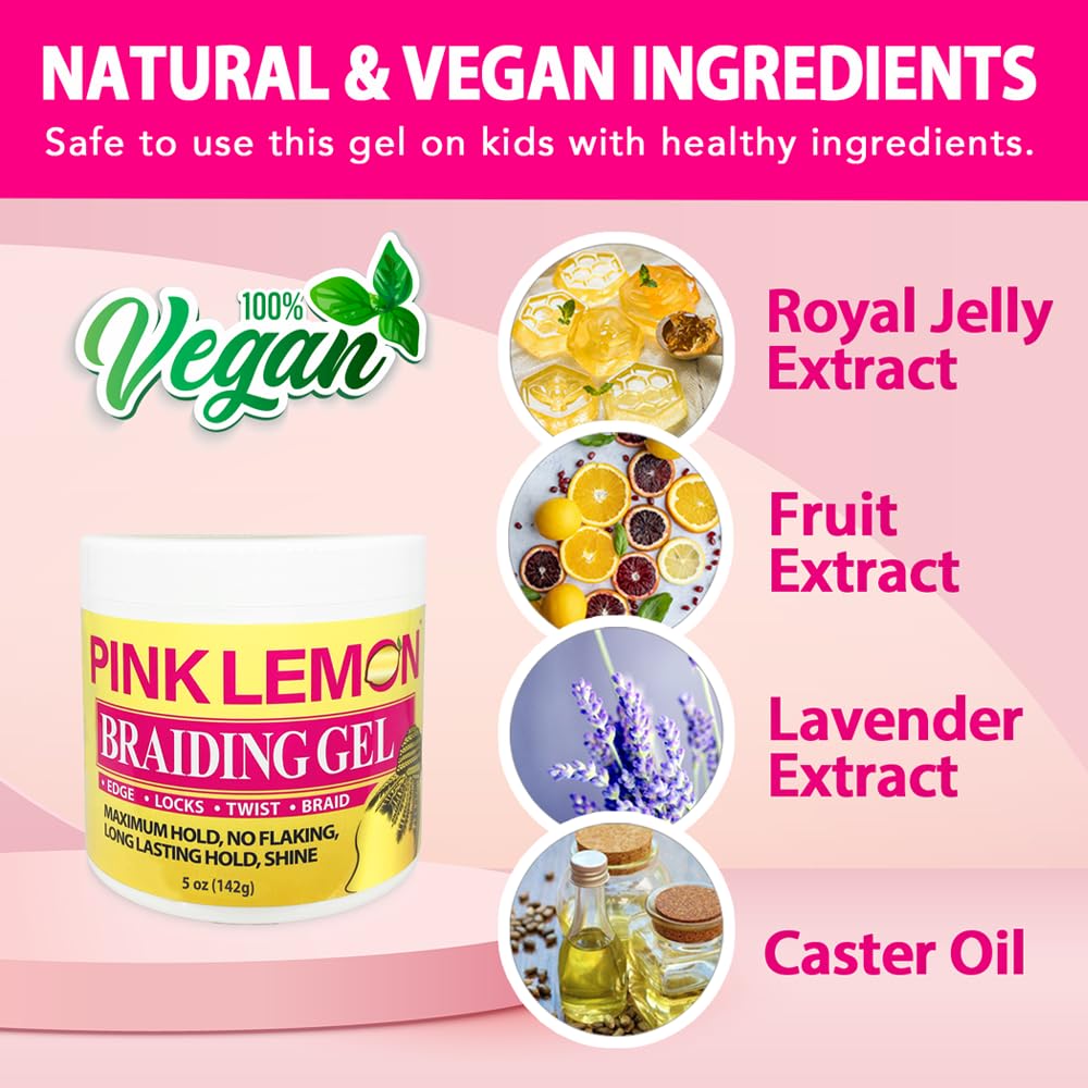 PINK LEMON Braiding Gel (5 oz) - Maximum Hold, No Flaking, Long Lasting Hold, High Shine. For Micro, Inter, Dread, Faux, Loc, Twist, Braid, Edge.