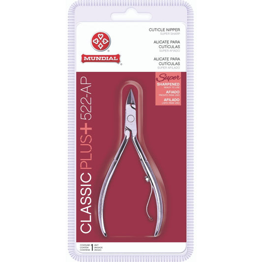 Cuticle Nipper Super Sharp - MUNDIAL 522-AP - Cuticle Trimmer for Manicure Kit and Pedicure Tools, Carbon Steel Handlee with Durable Spring. Tip Guard
