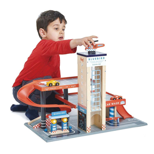 Tender Leaf Toys Blue Bird Service Station – Wooden Garage Playset with Ramps, Petrol Pumps, Car Wash & Helicopter Pad, Roleplay Toy for Kids 3+