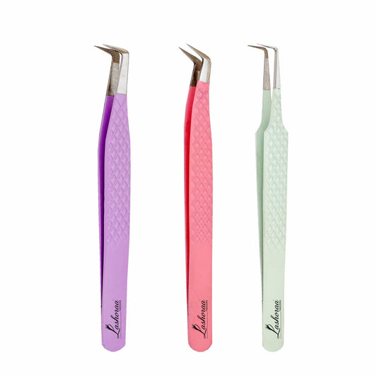 LASHORAA Lash Tweezers Set for Eyelash Extensions - 3 Piece Precision Fiber Tip Diamond Grip, Volume, L-Shape Boot, 90 Degree Tweezers - Includes Beauty and Personal Care LASHORAA