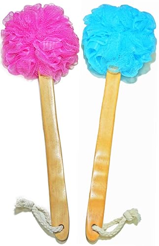 Shower Loofah Body & Back Scrubber - Exfoliating Loofah Bath Brush On a Stick - with Long Wooden Handle Back Brush for Men & Women - Easy Reach Body