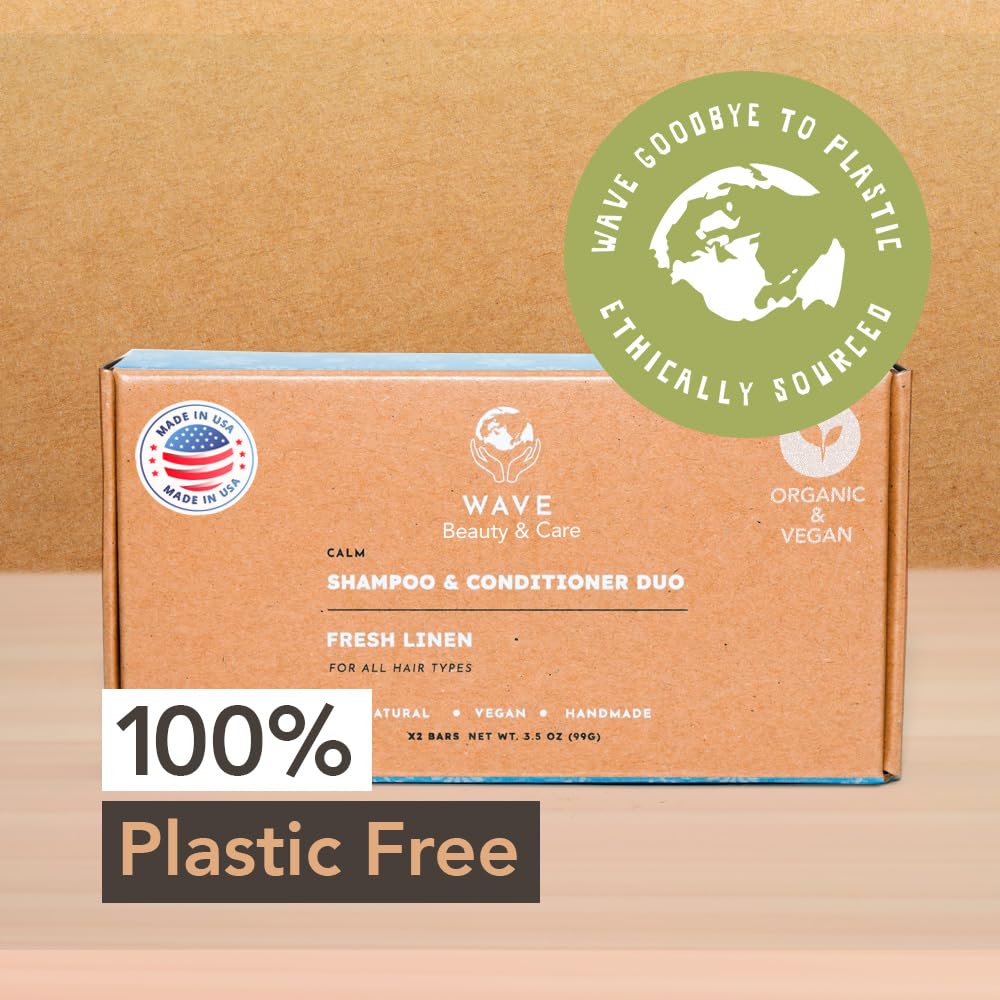 Wave Fresh Linen Shampoo & Conditioner Bar Set - Natural & Organic Moisturizing Vegan Shampoo and Conditioner Bars for Women & Men - Long-Lasting