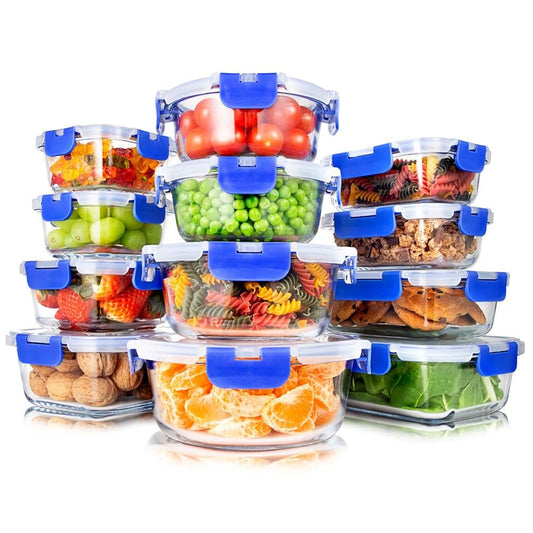 SereneLife 24 Piece Glass Storage Containers with Lids, 12 Pack Glass Meal Prep Container Set for Lunch, Kitchen Storage, Food Storage, Leak Proof…