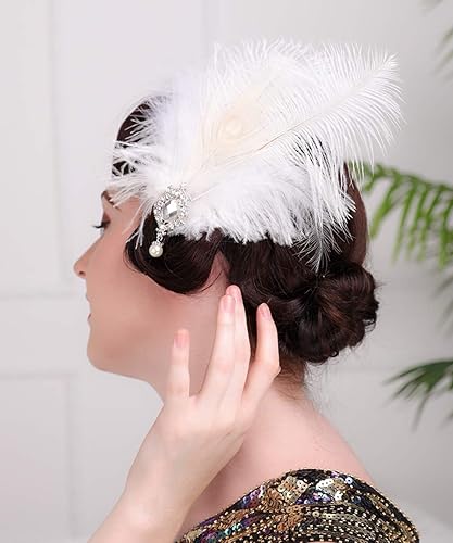 Aimimier 1920s Flapper White Feather Headpiece Crystal Pendant Hair Clip Roaring 20s Feather Accessories Masquerade Hair Jewelry for Women