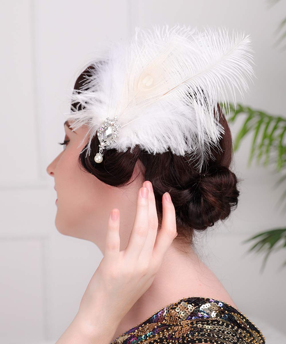 Aimimier 1920s Flapper White Feather Headpiece Crystal Pendant Hair Clip Roaring 20s Feather Accessories Masquerade Hair Jewelry for Women