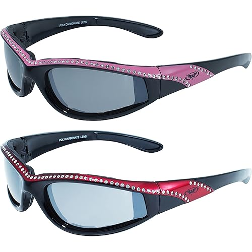 Global Vision Eyewear Marilyn 11 Women's Bling Black Motorcycle Sunglasses 2 Pair Pink & Red Frames Flash Mirror Lenses