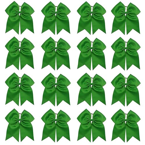 16PCS 8" Large Cheer Hair Bows Ponytail Holder Elastic Band Handmade for Cheerleading Teen Girls College Sports (Green, 1 Count (Pack of 16))