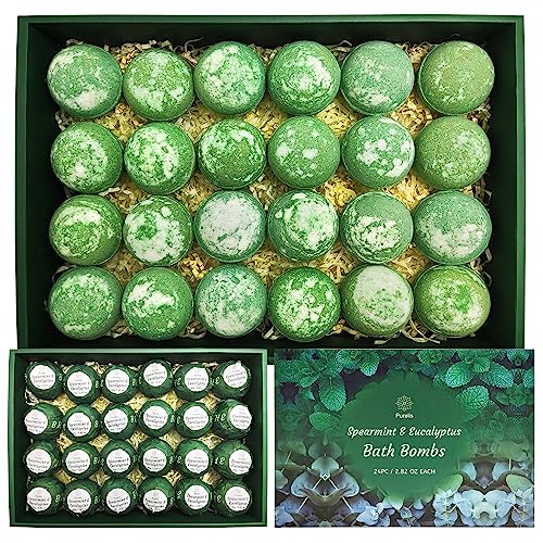 Purelis Handmade 24-Pack Spearmint & Eucalyptus Bath Bombs - Natural Moisturizing Aromatherapy Bath Bombs for Men and Women