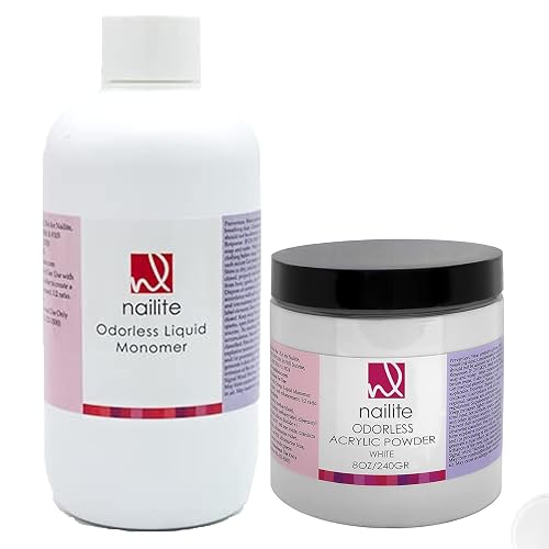 Nailite Odorless Liquid Monomer + White Acrylic Powder - Professional System for Nail Extension, Non-Yellowing Effect and EMA Formula - Kit 8 Oz. Beauty & Personal Care Nailite