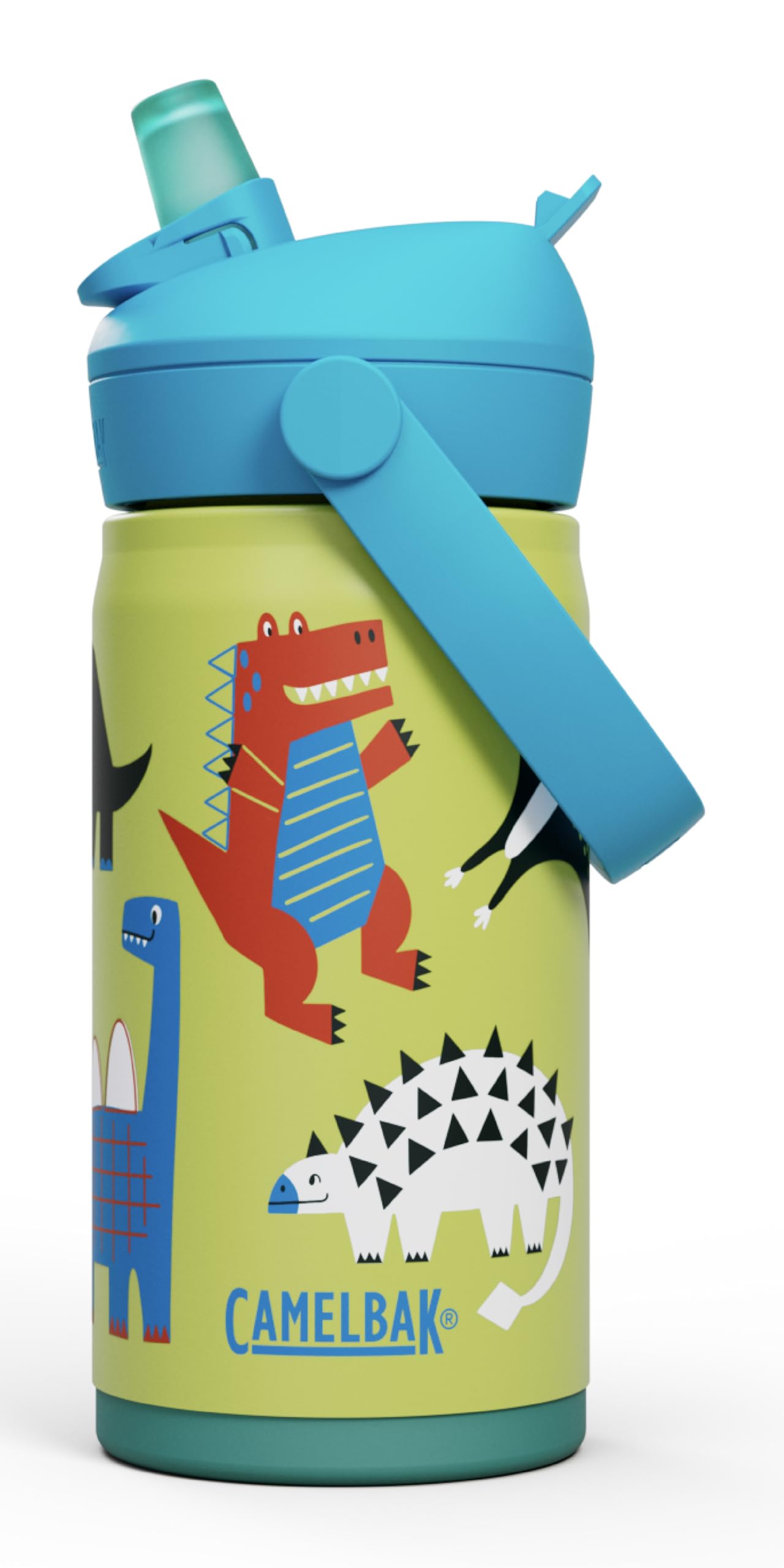 CamelBak Thrive Flip Straw Kids Bite Valve Stainless Steel Water Bottle Dino Jam, 12oz