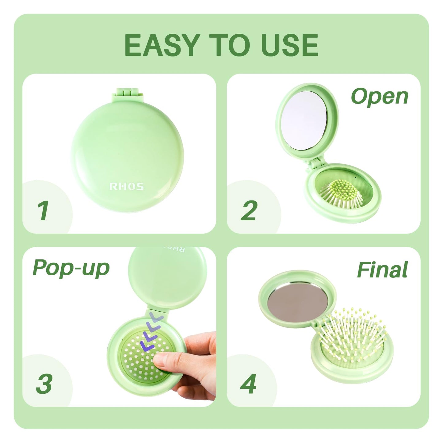 RHOS Folding Brush with Mirror - Compact, Portable and Foldable for Travel, Suitable for Women, Men, and Kids (Green) Beauty and Personal Care RHOS