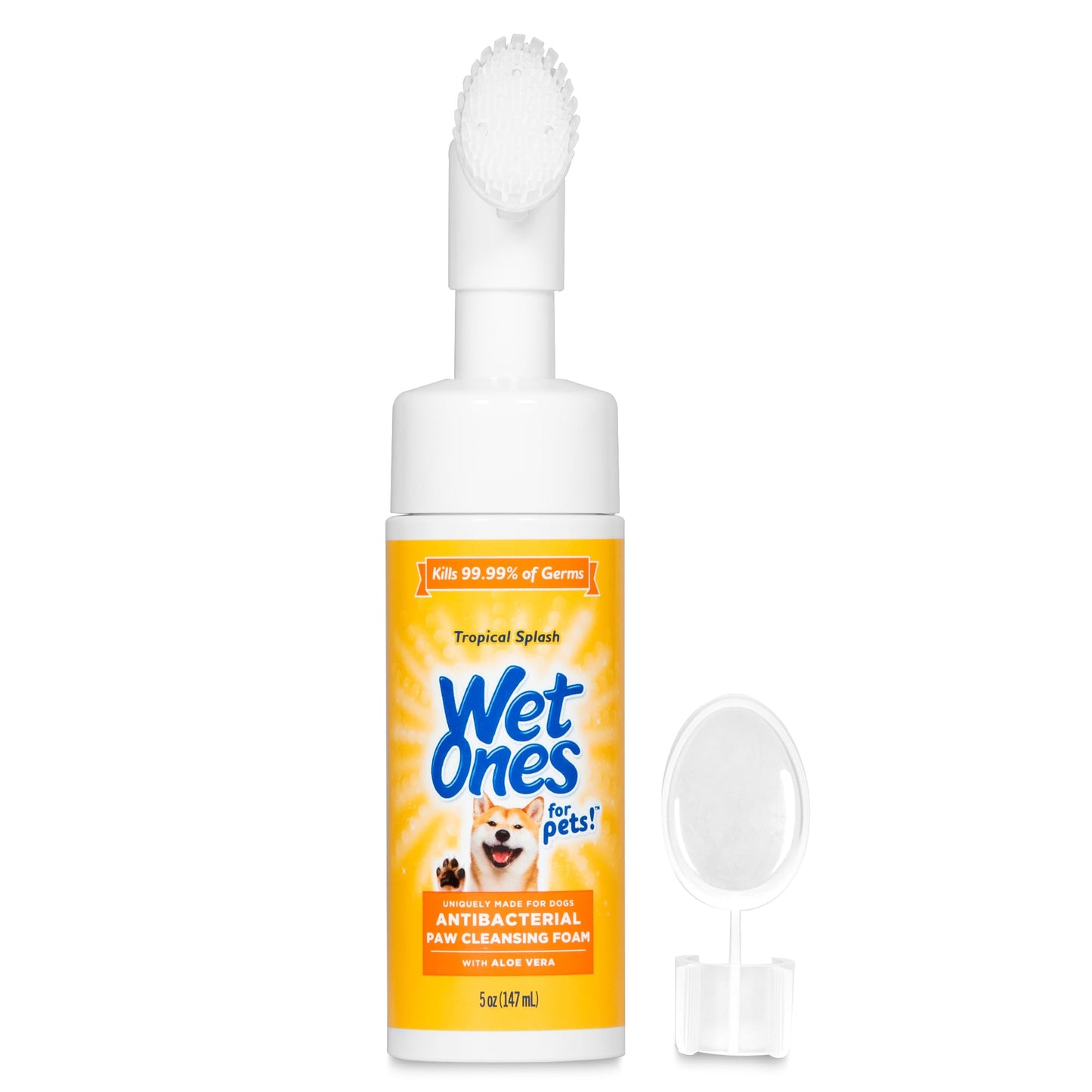 Wet Ones for Pets Antibacterial Dog Paw Cleaner – 5oz Tropical Splash Foam with Built-in Scrubber Brush – Paw Washer & Grooming Care