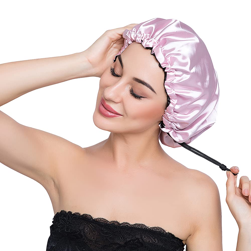 ELIHAIR Stain Bonnet Silky Sleep Cap Adjustable Satin Cap for Night Sleeping Hair Bonnet Reversible Double Layer Light Purple/Black