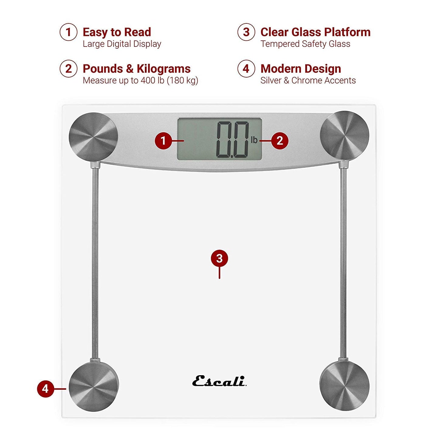 Escali Digital Glass Bath Scale for Body Weight, Bathroom Body Scale, High Capacity of 400 lb, Battery Included, Clear Glass