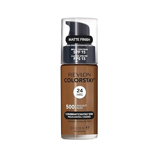 Revlon Liquid Foundation, ColorStay Face Makeup for Combination & Oily Skin, SPF 15, Medium-Full Coverage with Matte Finish, Walnut (500), 1.0 oz