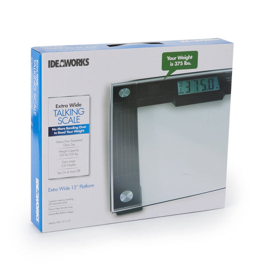 Ideaworks JB5824 Extra Wide Talking Scale-Visual & Voice Display Scale- 550 Pounds Max-Tamper Glass-Extra Wide Width-Large LCD Display-Tap On & Off…