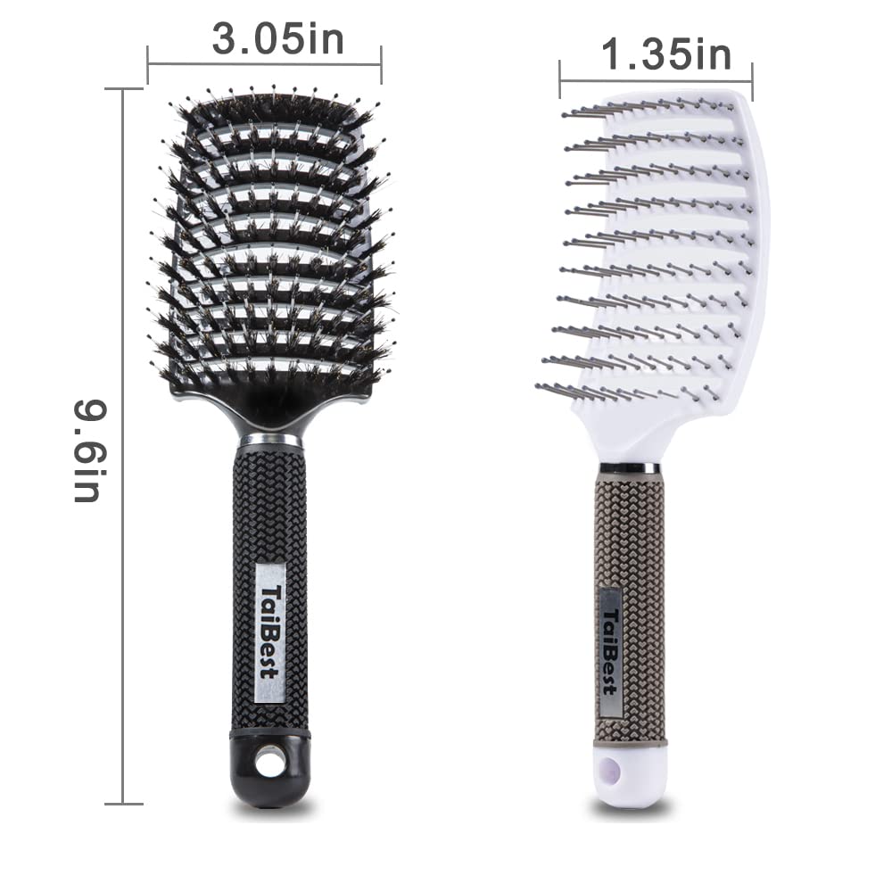 TaiBest Boar Bristle Hair Brush Set - Dry/Wet Hair Brushes Detangler for Fine, Thick, Curly Hair - Curved and Vented Hair Brush for Women, Men or Kids