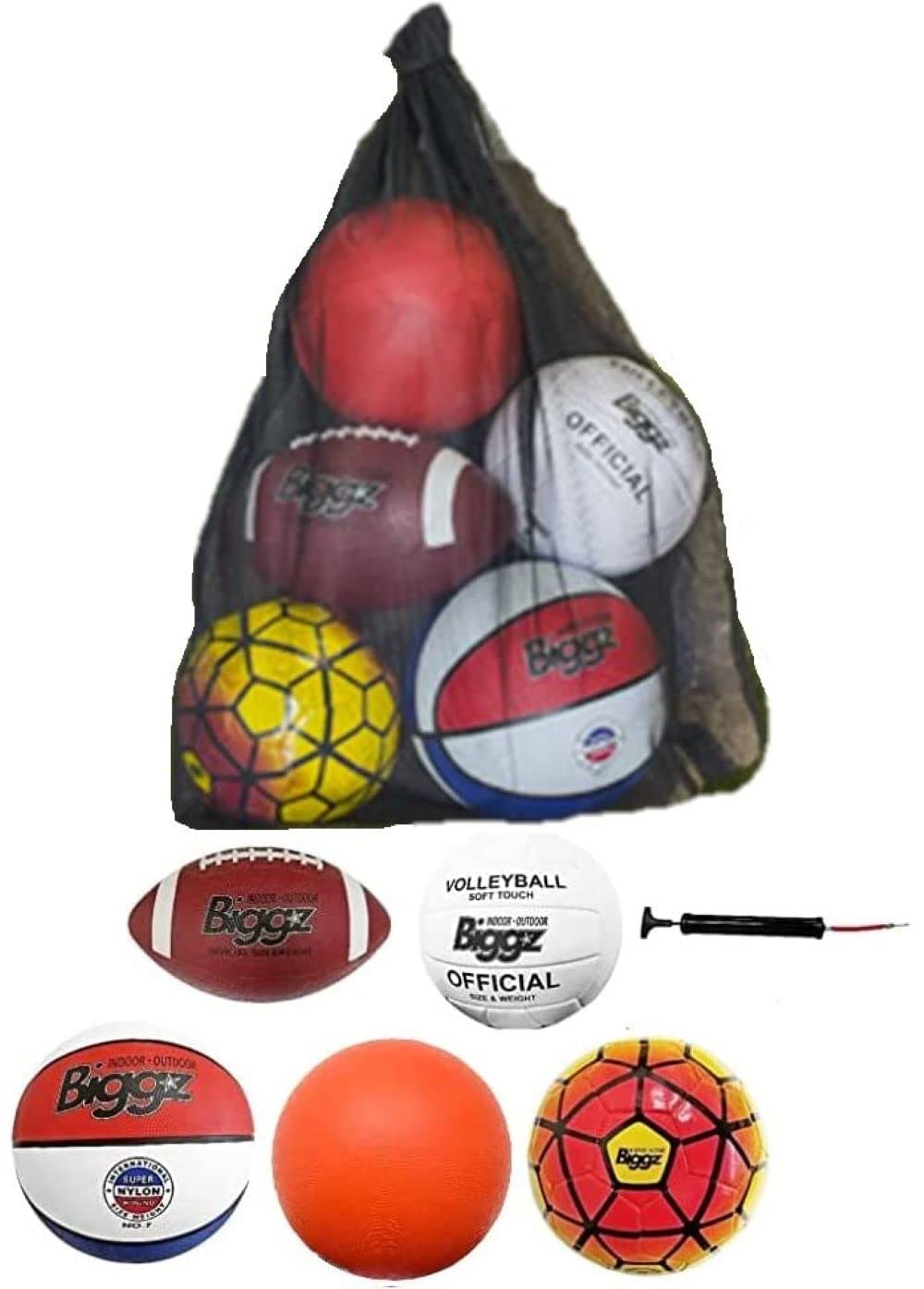 Biggz Bag of Sport Balls - Basketball, Soccer Ball, Football, Volleyball, Red Playground Ball, and Pump