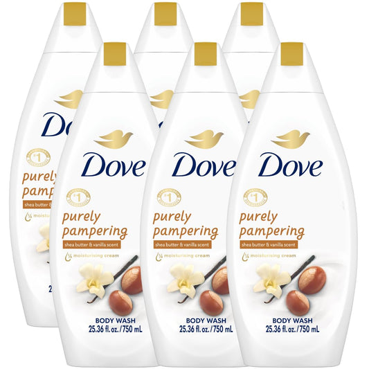 Dove Body Wash 6-Pack - Purely Pampering, Shea Butter & Warm Vanilla for Softer, Smoother Skin, 25.36 Fl Oz Ea