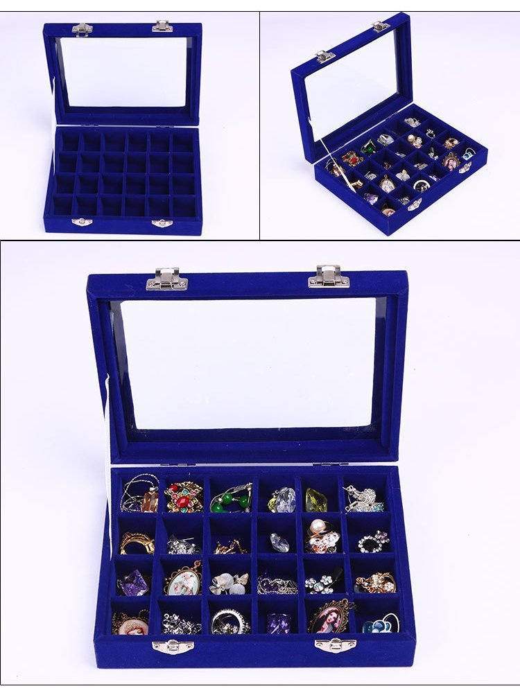 Novadeal 24 Grids PU Velour Leather Multipurpose Jewellery Storage Box Ring/Earrings/Necklace Tray Display Case Organizer - Dark Blue