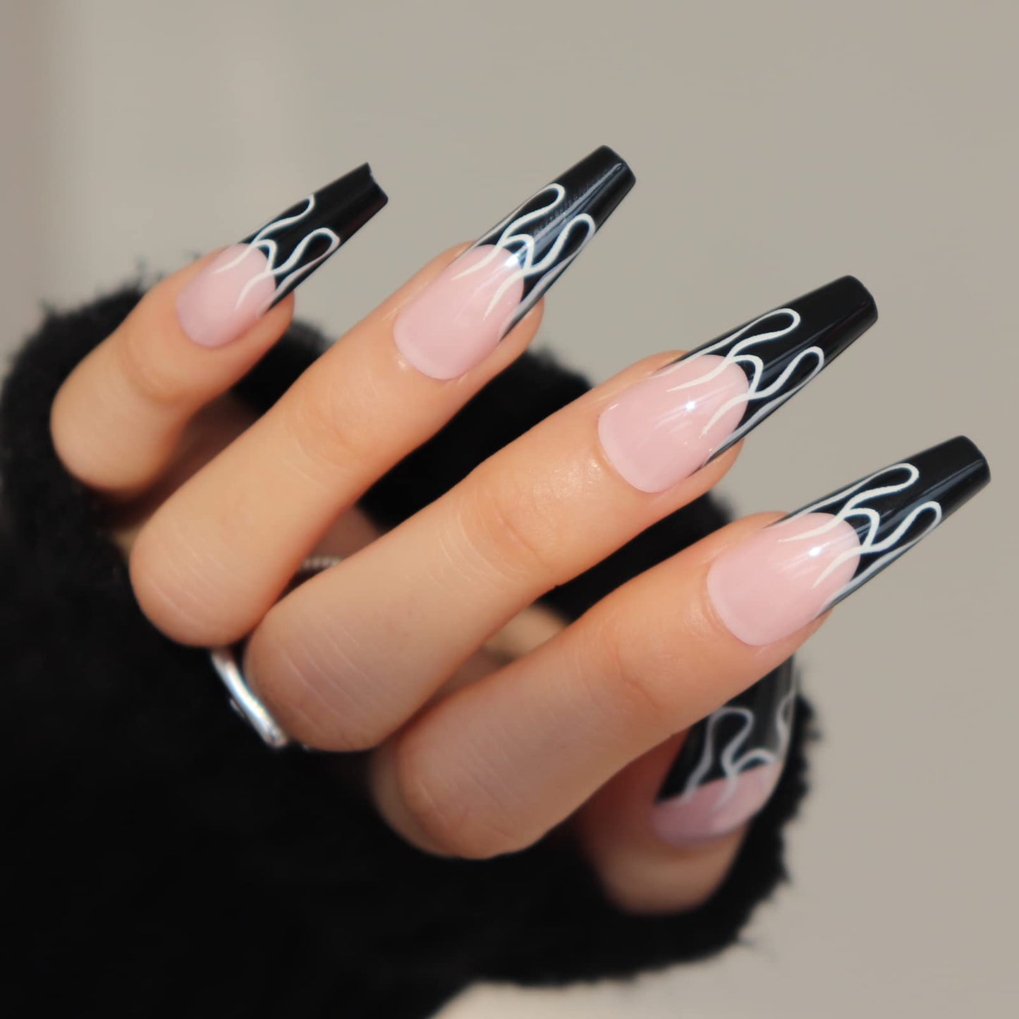 BABALAL Long Press on Nails Coffin Fake Nails Black French Tip Glue on Nails Glossy Acrylic Nails Gothic Falme Design Ballerina False Nails for Women