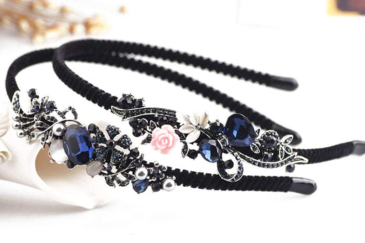 2PCS Women Lady Crystal Headband With Flower Beaded Metal Hard Headpiece