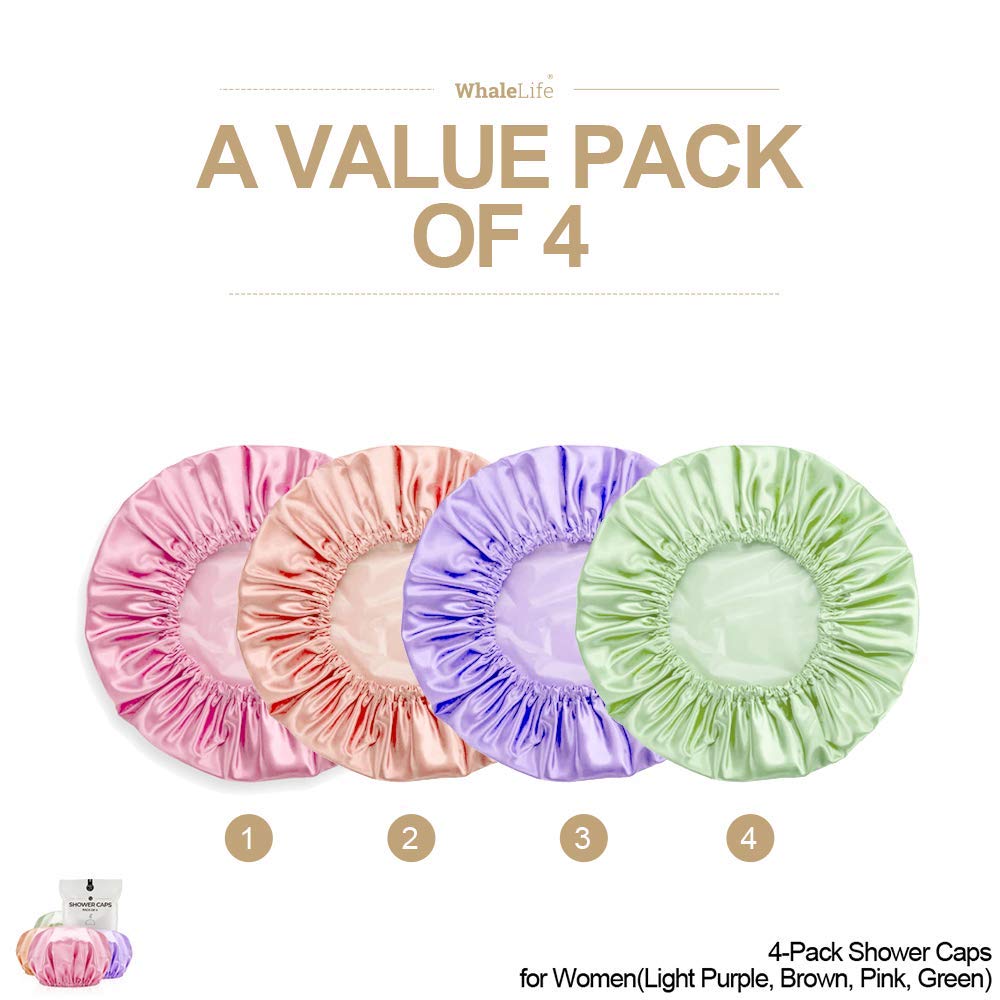 Shower Cap for Women Reusable Extra Large Shower Caps for Men Satin Double Layer EVA Waterproof Long Hair Caps(Light Purple, Brown, Pink, Green 4
