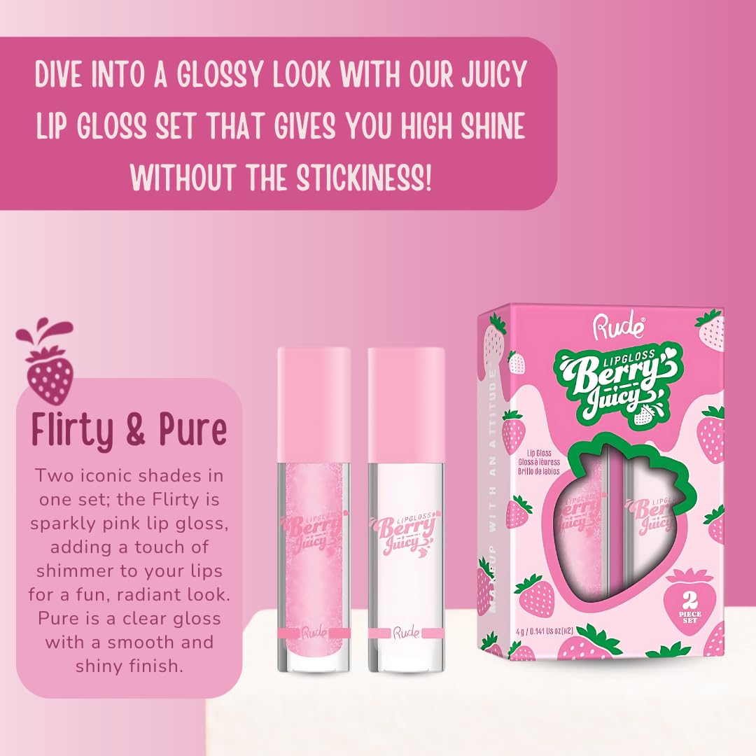 RUDE Cosmetics Berry Juicy Lip Gloss Duo, High Shine Lip Glosses Set, Moisturizing & Hydrating Lipgloss, Ideal for Day & Night Makeup Looks, Pure &