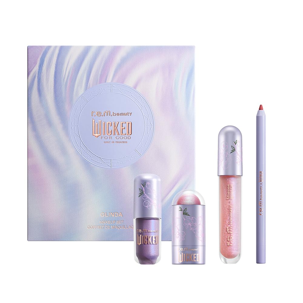 r.e.m. beauty by Ariana Grande Wicked: For Good | Glinda Makeup Set | Waterpoof Eye Shadow, All Over Glow Stick, Creamy Lip Liner, Glossy Lip Balm | 4