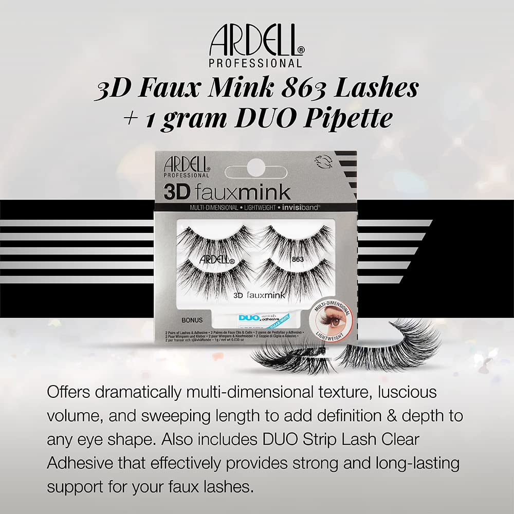 Ardell 3D Faux Mink Lashes 863 with DUO Lash Adhesive Pipette, 1g - Long-Lasting, Natural Look False Eyelashes, 1 Pack