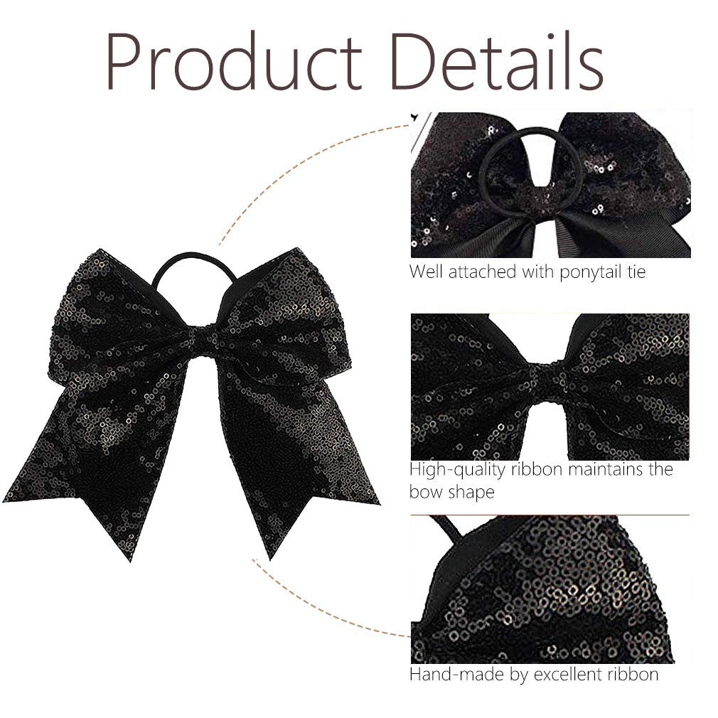 Oaoleer 12PCS 7" Large Glitter Cheer Hair Bows Ponytail Holder Elastic Band Handmade for Cheerleading Teen Girls College Sports (Black)