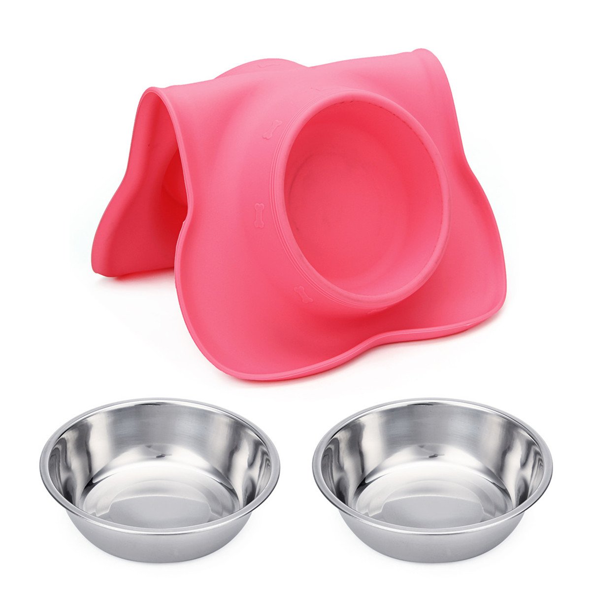 Hubulk Pet Dog Bowls Set – 2 Stainless Steel Bowls with No Spill Non-Skid Silicone Mat & Pet Food Scoop – For Small, Medium, Large Dogs & Cats (Pink)
