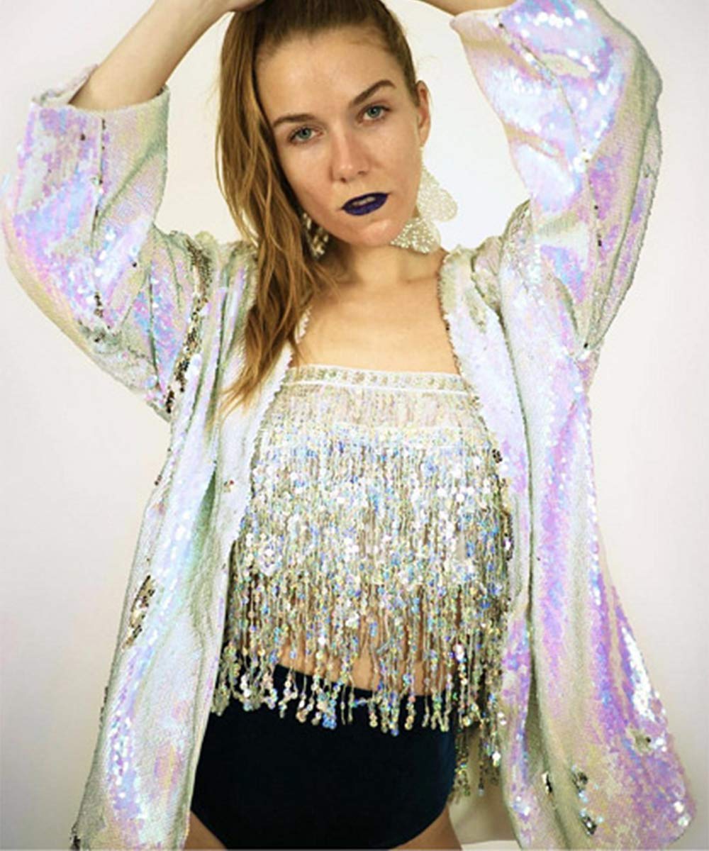 Aimimier Belly Dance Hip Skirt Sequins Tassel Scarf Multi-Layered Belly Belt Dance Wrap Rave Costume Performance Festival Dresses for Women (Silver)