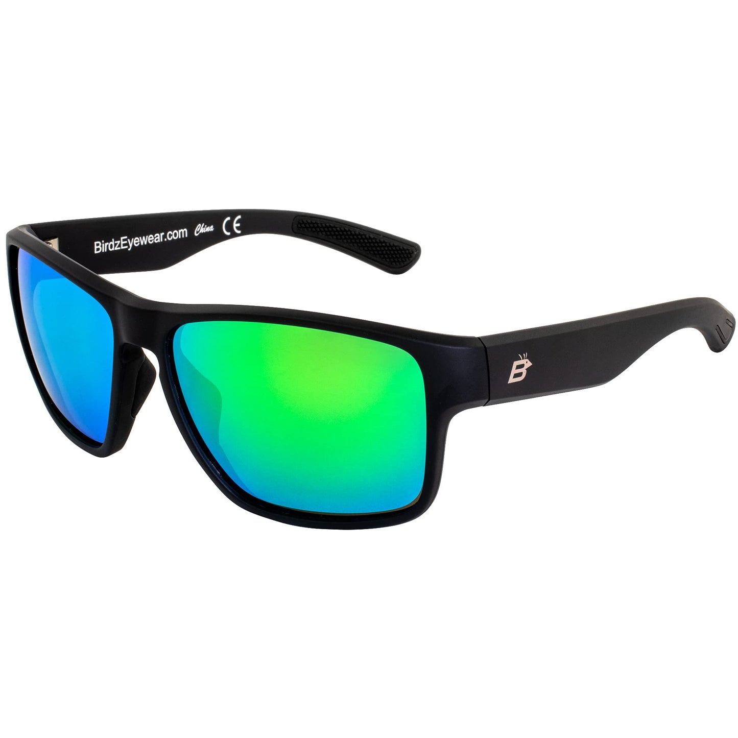 Birdz Eyewear Glide Sunglasses for Men or Women Scratch Resistant Lens Lightweight Black Square Frame Green Mirror Lens