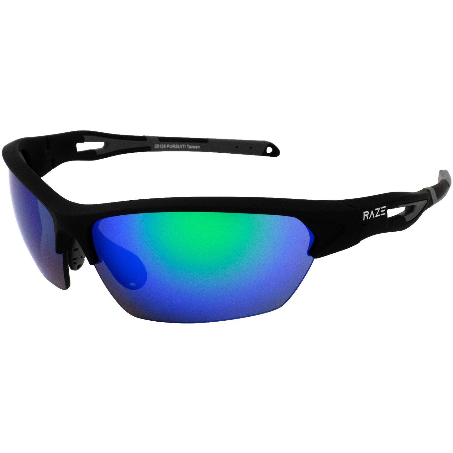 Raze Eyewear Pursuit Sport Sunglasses Black Touch Frame Green HD Z Mirror Lens